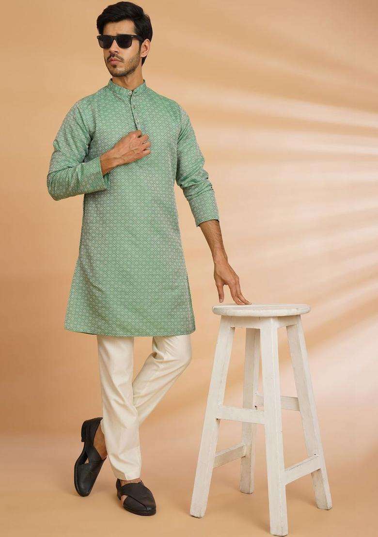 Green Embroidered Cotton Kurta For Men - Indya