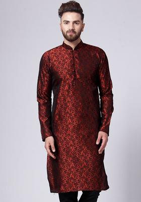 Maroon Woven Design Silk Kurta For Men
