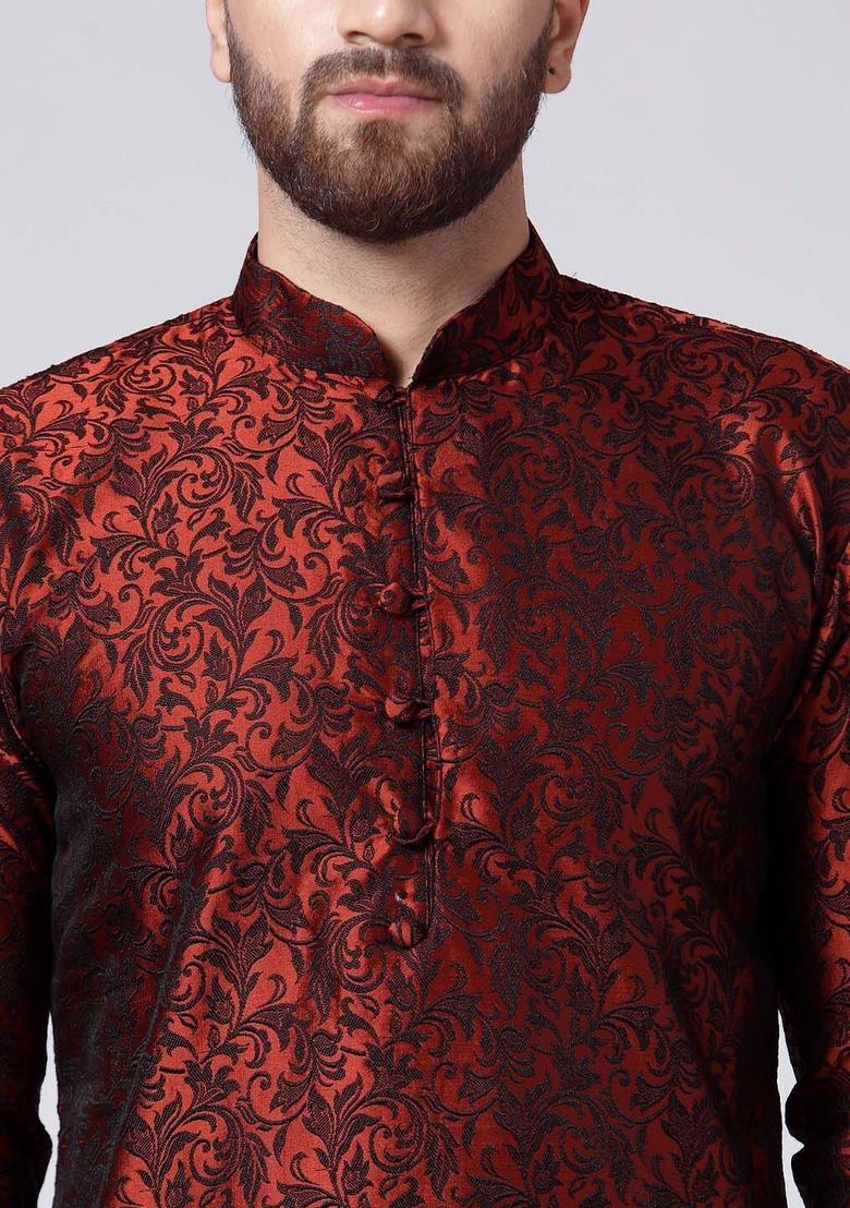 Maroon Woven Design Silk Kurta For Men - Indya