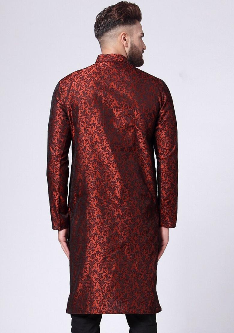 Maroon Woven Design Silk Kurta For Men - Indya