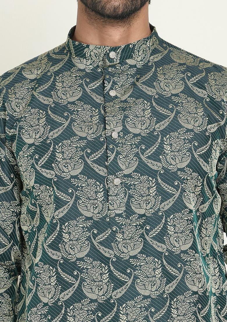 Olive Woven Design Silk Kurta For Men - Indya