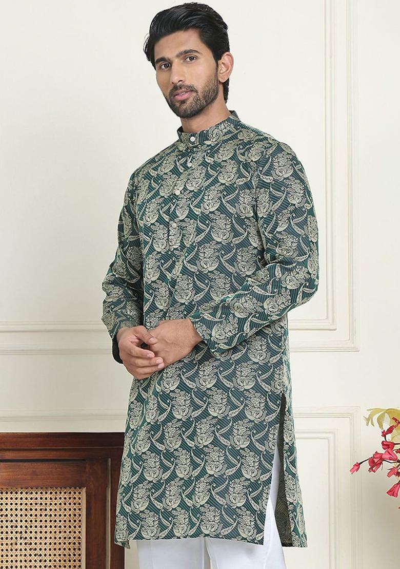 Olive Woven Design Silk Kurta For Men - Indya
