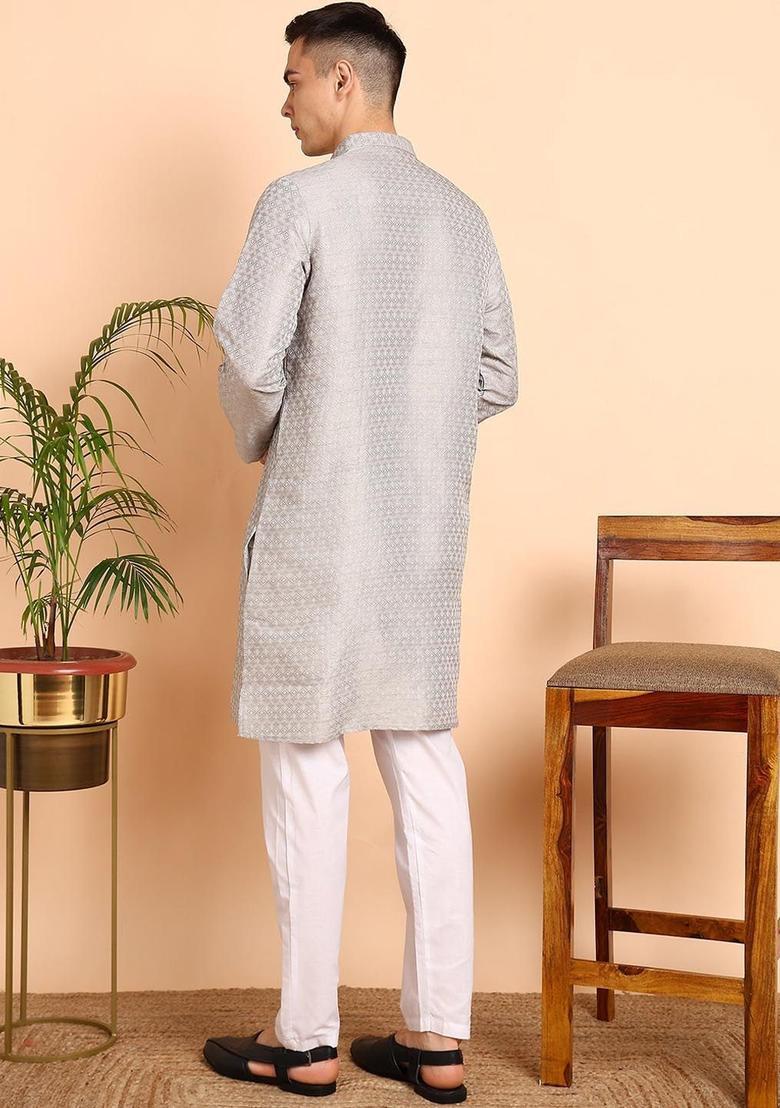 Grey Woven Design Jacquard Kurta For Men - Indya