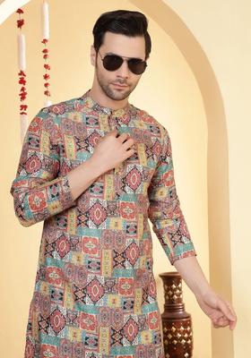 Peach Printed Viscose Kurta For Men