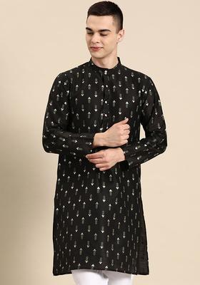 Black Printed Silk Kurta For Men