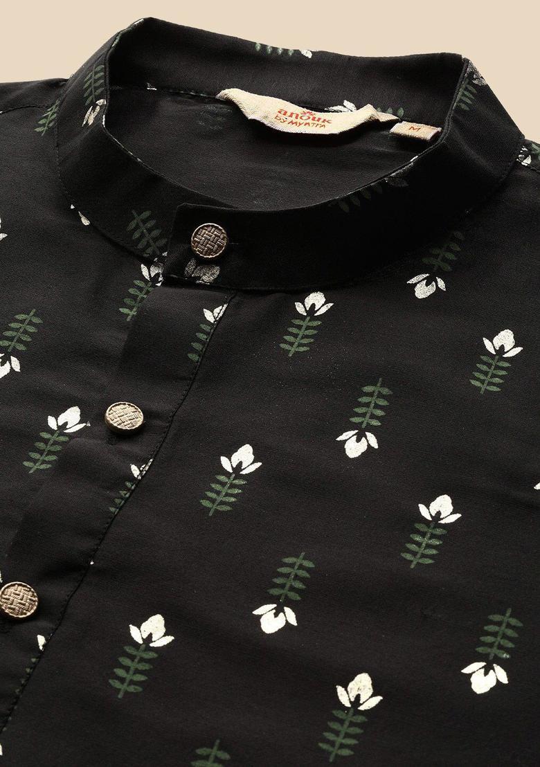 Black Printed Silk Kurta For Men - Indya