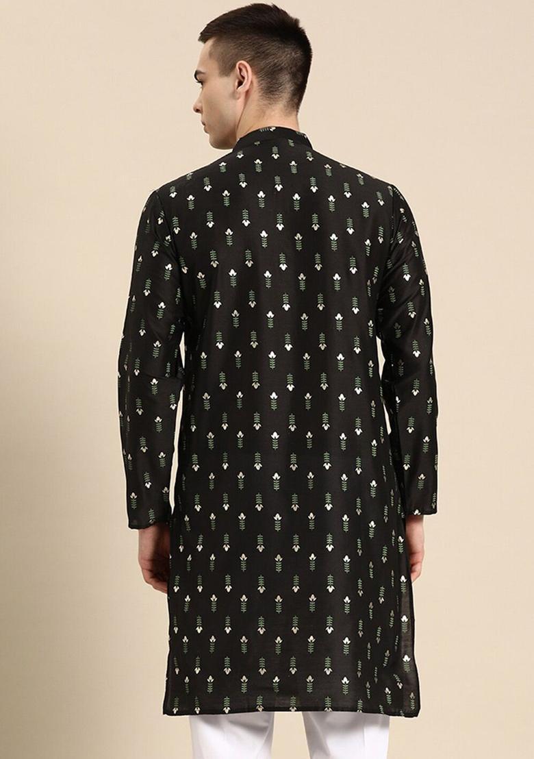Black Printed Silk Kurta For Men - Indya