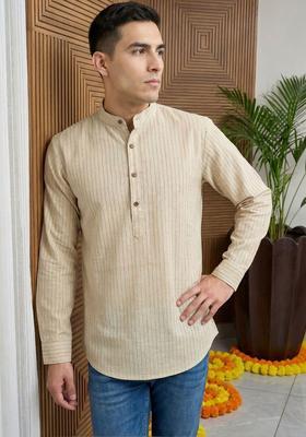 Beige Striped Cotton Kurta For Men