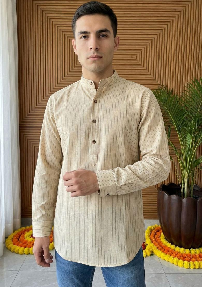 Beige Striped Cotton Kurta For Men - Indya