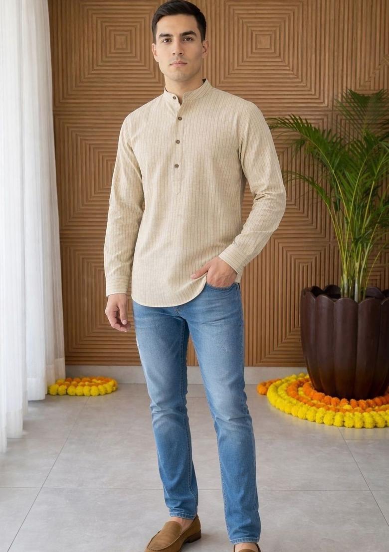 Beige Striped Cotton Kurta For Men - Indya