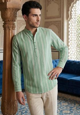 Green Striped Cotton Kurta For Men