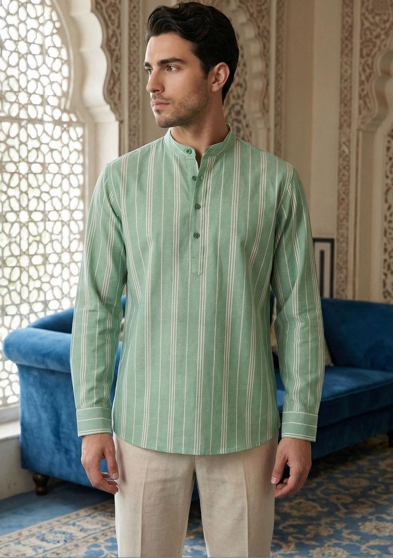 Green Striped Cotton Kurta For Men - Indya