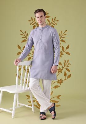 Blue Solid Polyester Kurta For Men