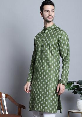 Olive Printed Cotton Kurta For Men