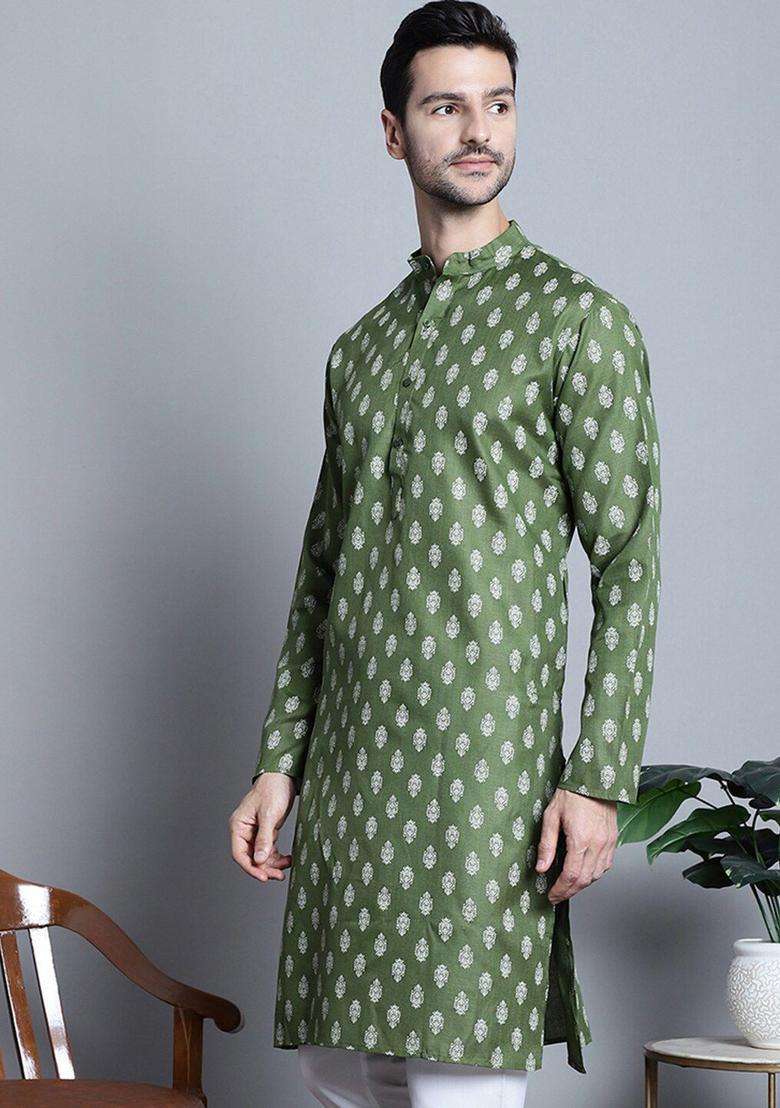 Olive Printed Cotton Kurta For Men - Indya