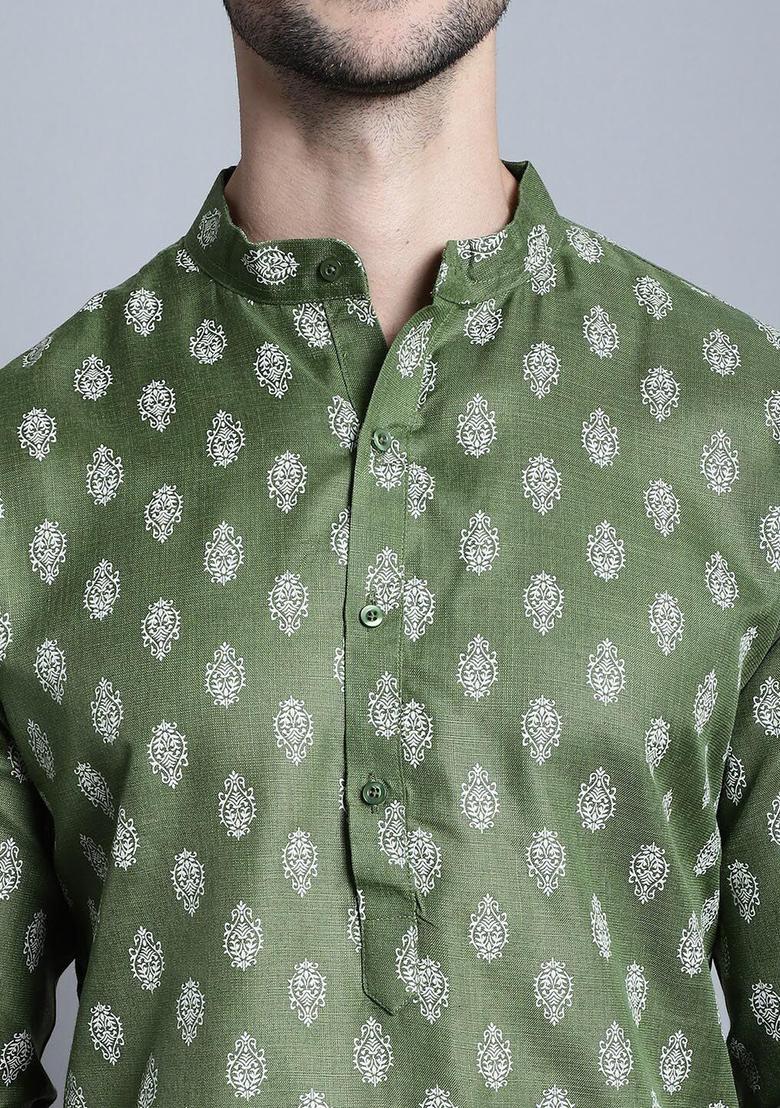 Olive Printed Cotton Kurta For Men - Indya