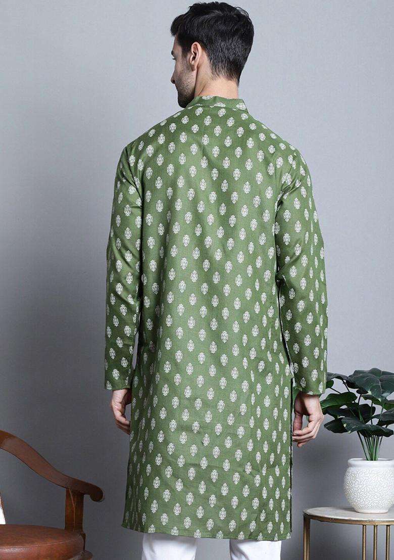 Olive Printed Cotton Kurta For Men - Indya