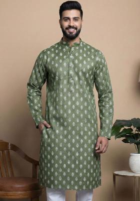 Olive Printed Cotton Kurta For Men