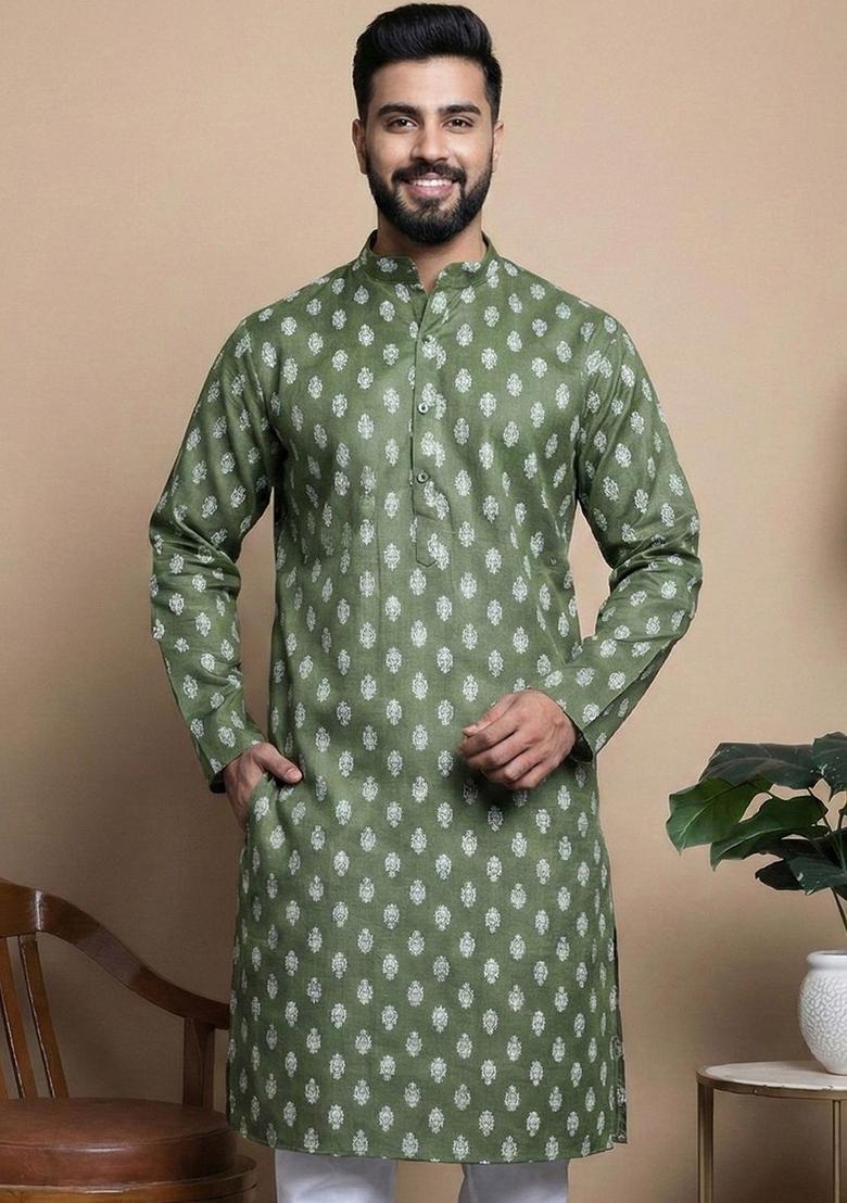 Olive Printed Cotton Kurta For Men - Indya