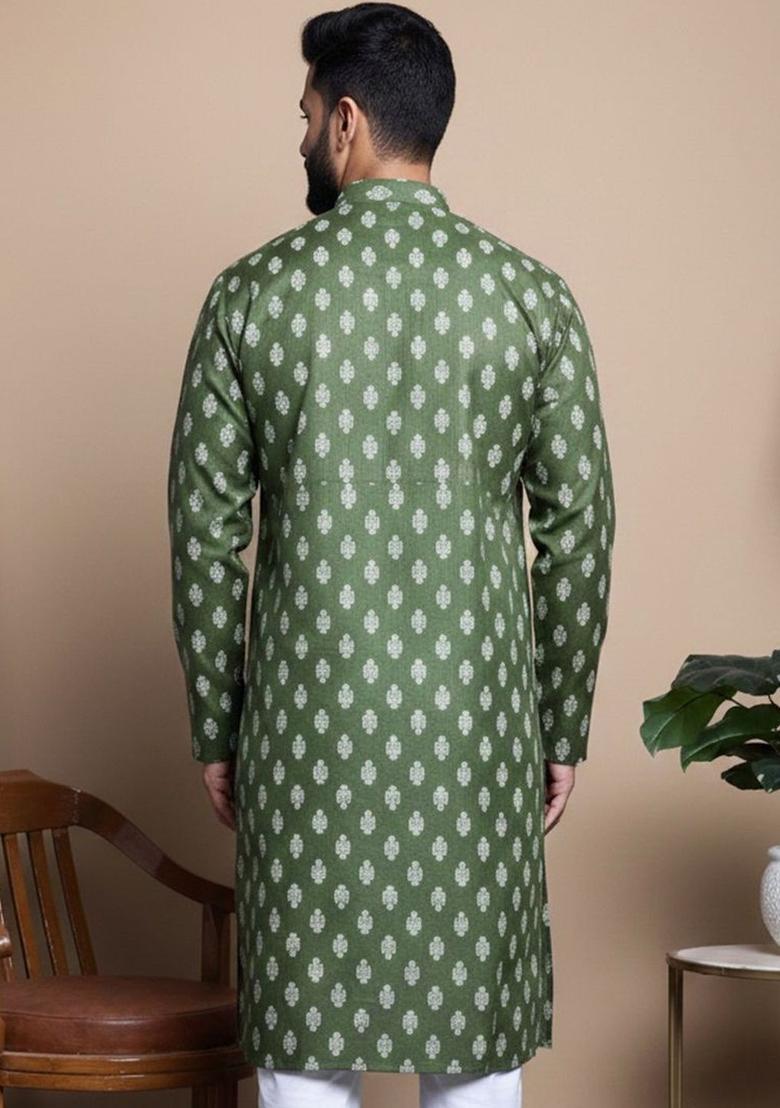 Olive Printed Cotton Kurta For Men - Indya