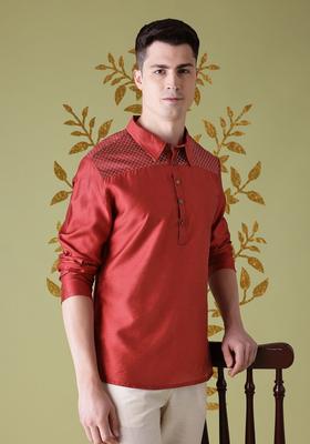 Red Printed Polyester Kurta For Men