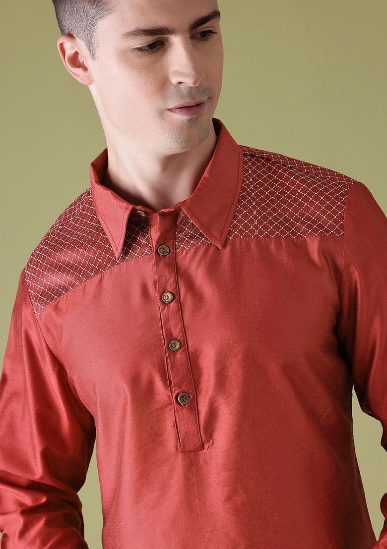 Red Printed Polyester Kurta For Men - Indya