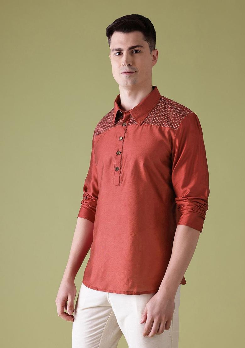 Red Printed Polyester Kurta For Men - Indya