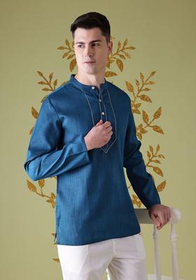 Blue Solid Polyester Kurta For Men
