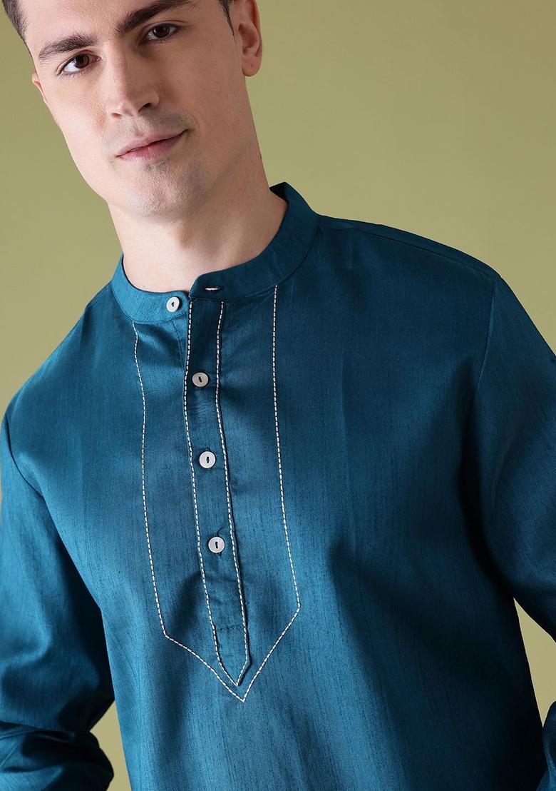 Blue Solid Polyester Kurta For Men - Indya