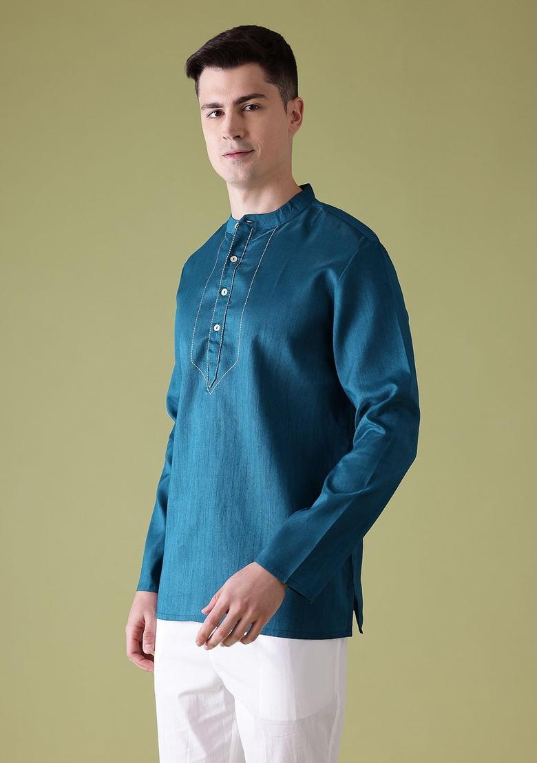 Blue Solid Polyester Kurta For Men - Indya