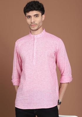 Pink Woven Design Cotton Kurta For Men