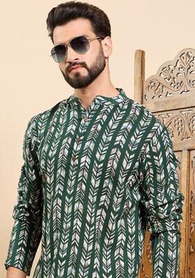 Green Printed Viscose Kurta For Men