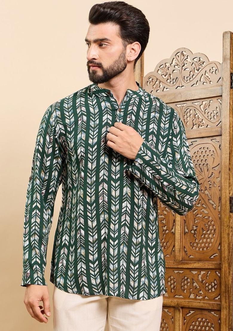 Green Printed Viscose Kurta For Men - Indya
