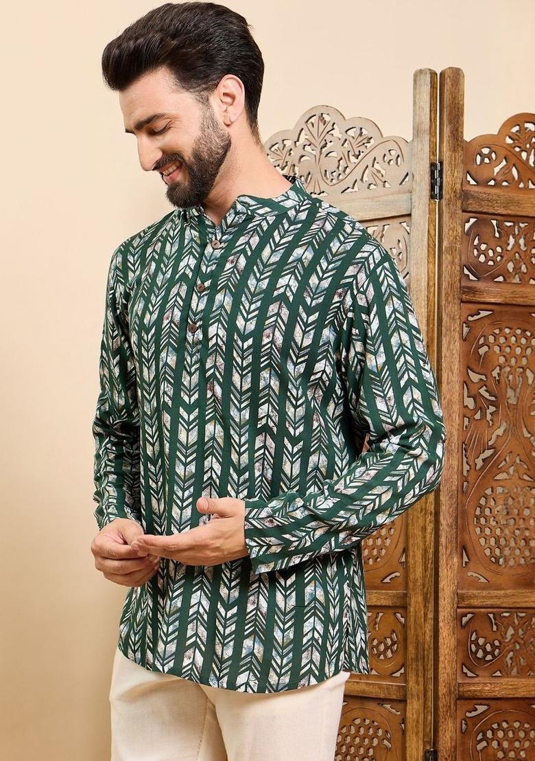 Green Printed Viscose Kurta For Men - Indya