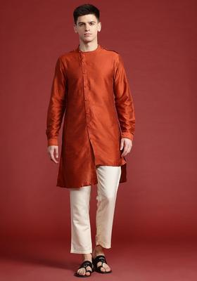 Orange Solid Polyester Kurta For Men