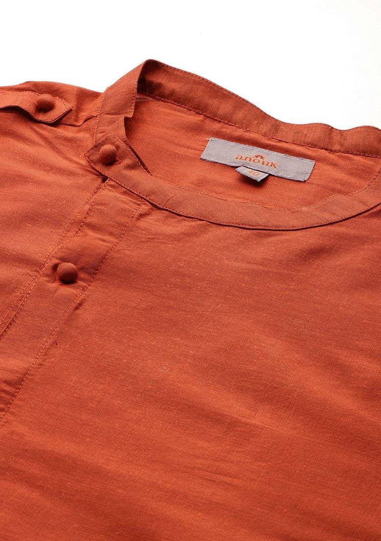 Orange Solid Polyester Kurta For Men - Indya