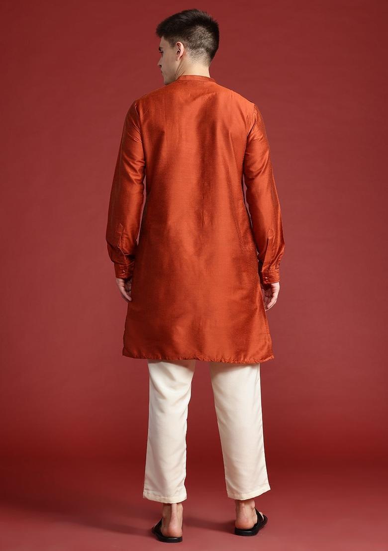 Orange Solid Polyester Kurta For Men - Indya