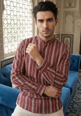 Orange Striped Cotton Kurta For Men