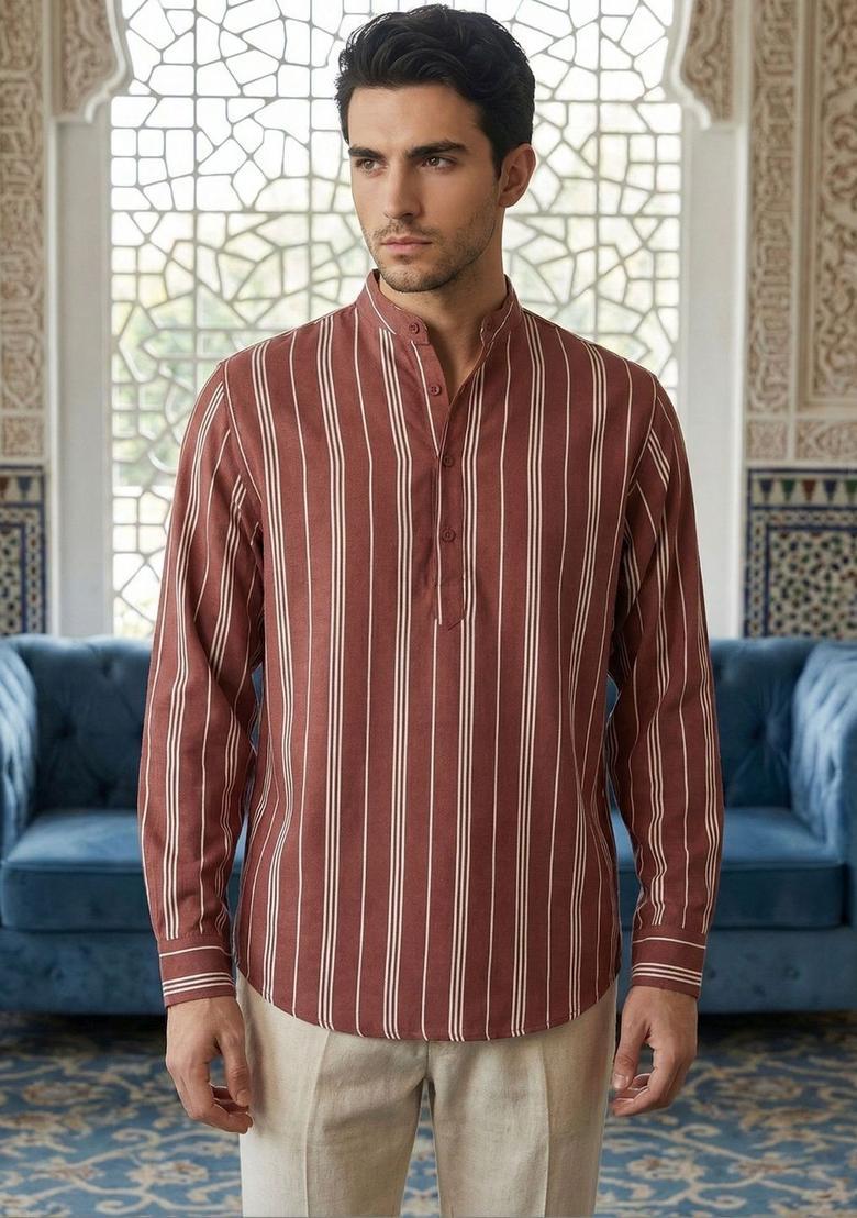 Orange Striped Cotton Kurta For Men - Indya
