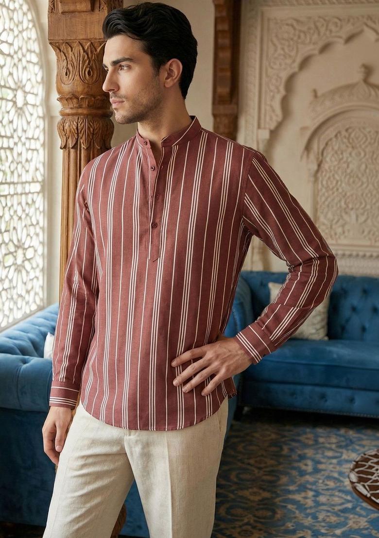 Orange Striped Cotton Kurta For Men - Indya