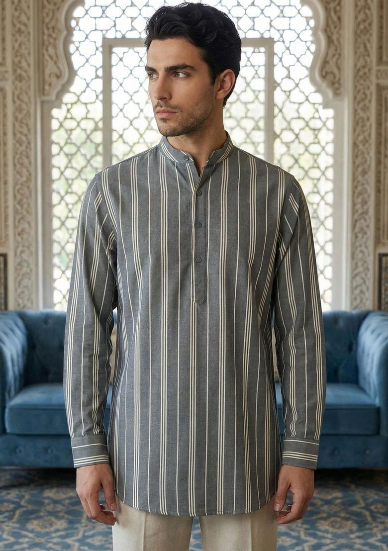 Grey Striped Cotton Kurta For Men - Indya