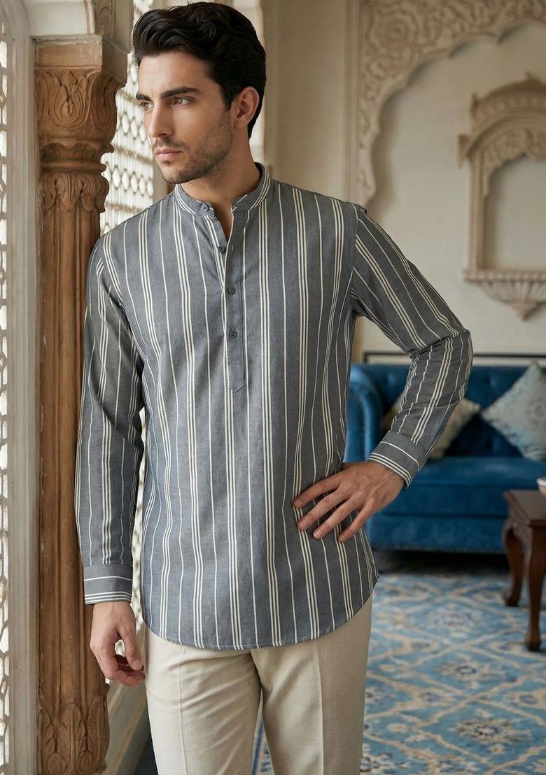 Grey Striped Cotton Kurta For Men - Indya