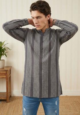 Grey Striped Cotton Kurta For Men