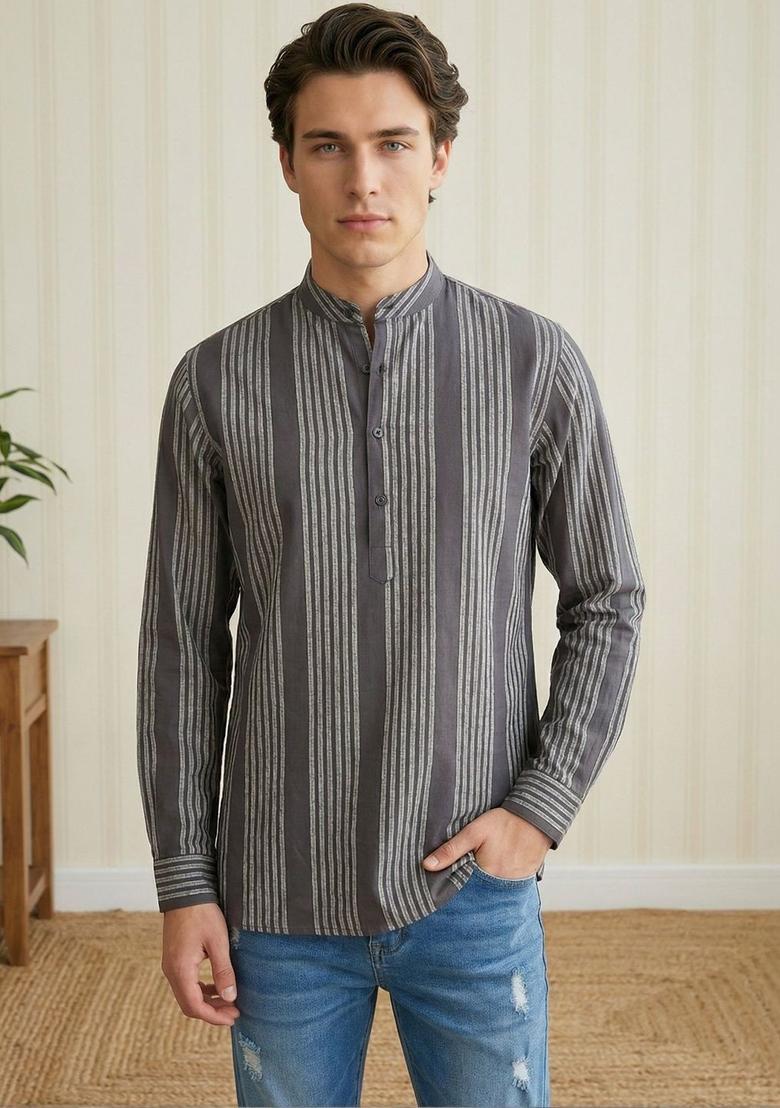 Grey Striped Cotton Kurta For Men - Indya