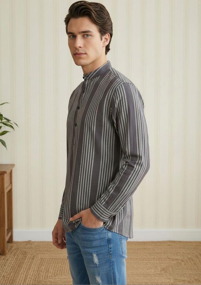 Grey Striped Cotton Kurta For Men - Indya