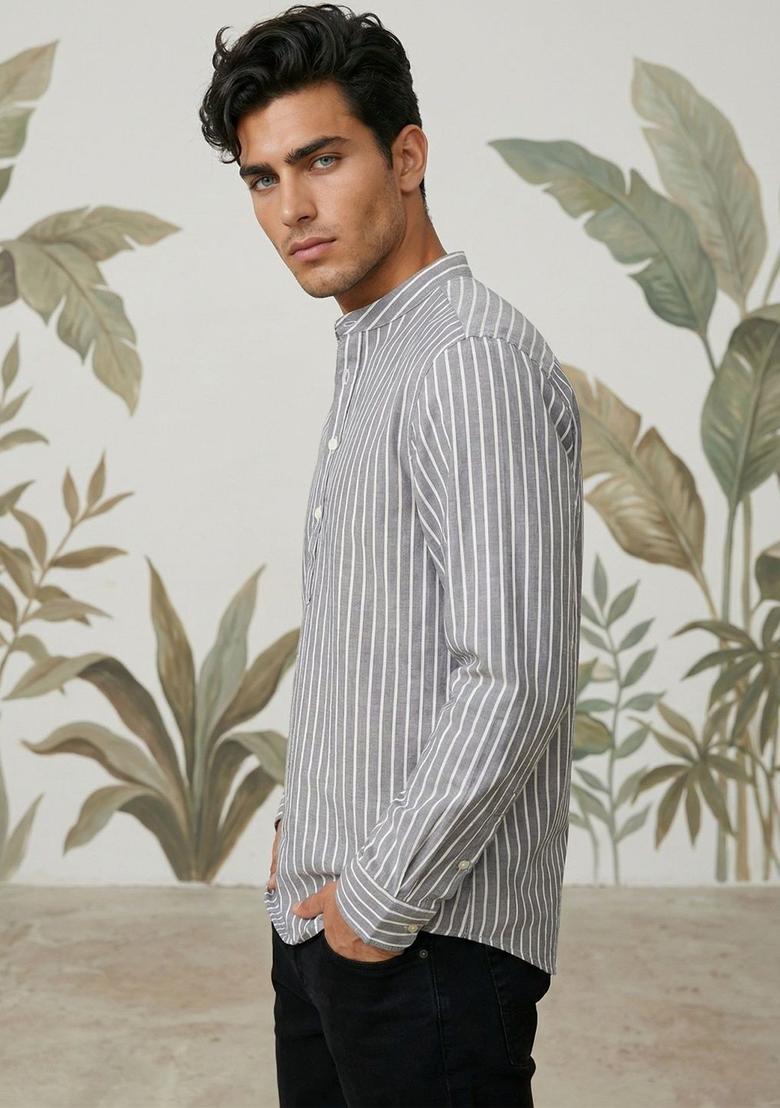Grey Striped Cotton Kurta For Men - Indya
