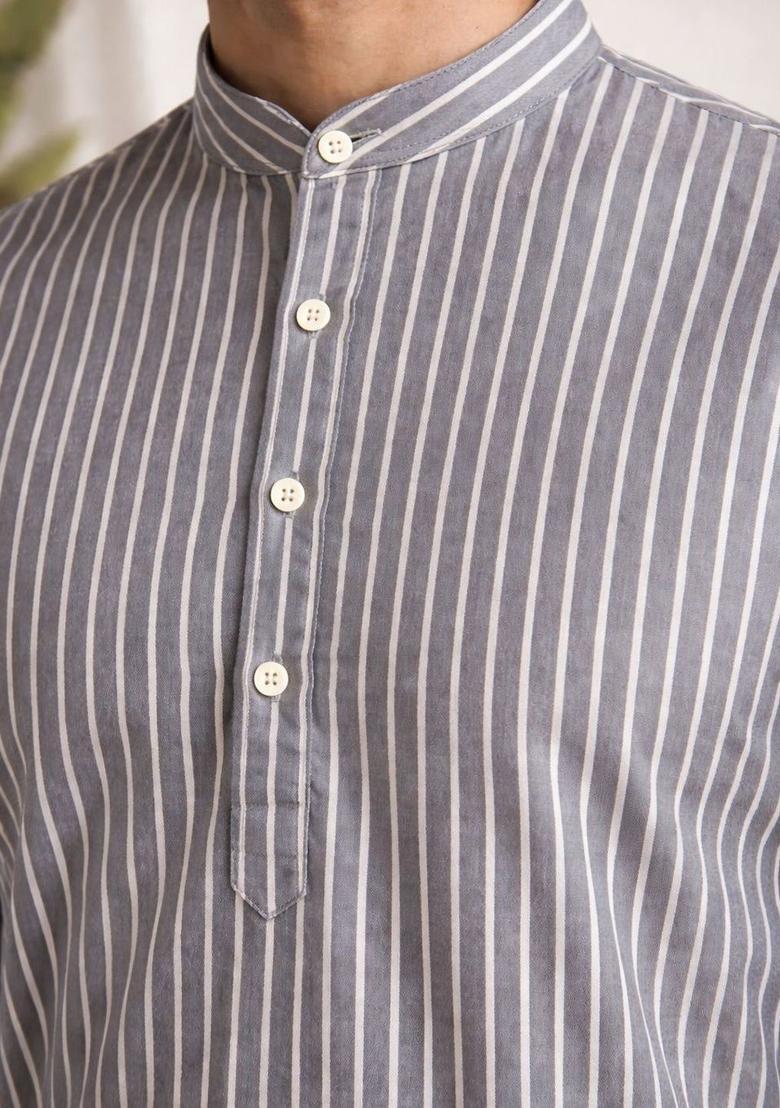 Grey Striped Cotton Kurta For Men - Indya