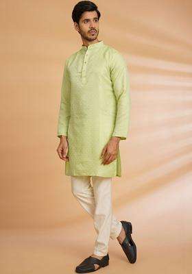 Olive Embroidered Cotton Kurta For Men