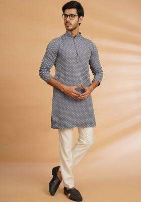 Grey Embroidered Cotton Kurta For Men