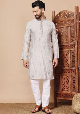 Grey Embroidered Viscose Kurta For Men